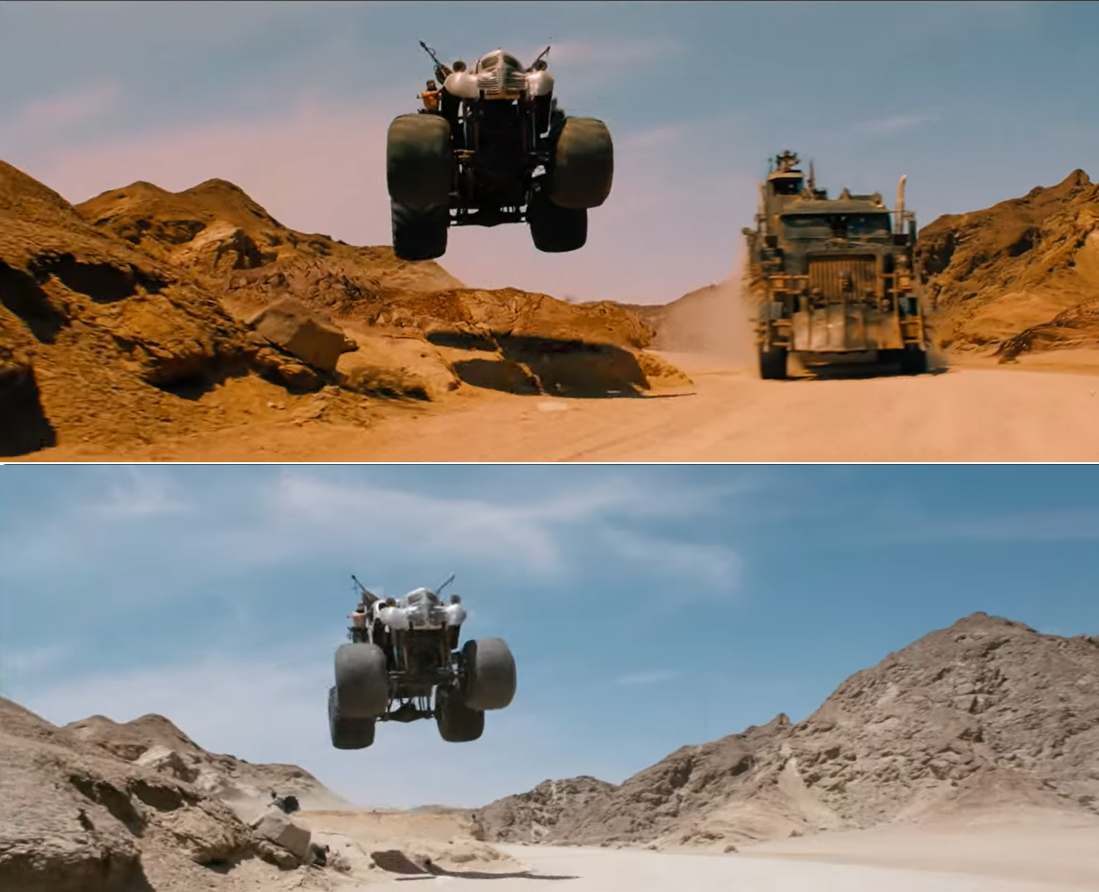 A side-by-side comparison of a shot from Mad Max: Fury Road, before and after VFX